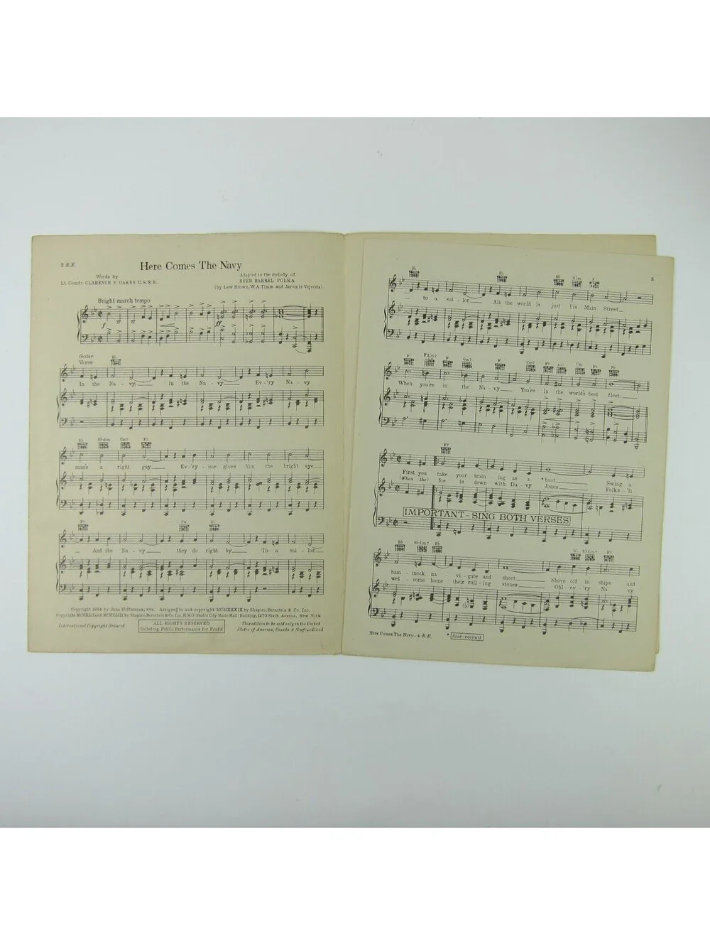 Sheet Music Here Comes The Navy Lt Cmdr Clarence P Oakes WW2 WWII Vintage 1943